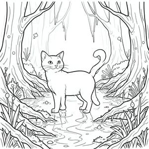 solo, chủ đề đơn, bốn chân, một đầu, một đuôi, đúng giải phẫu, con mèo, đầm lầy sương mù, rễ xoắn, đom đóm, nước, rêu, phản chiếu, sương mù xoáy, cây cổ thụ, khúc gỗ chìm, thảm thực vật mục nát, trang màu, nghệ thuật đường, nền trắng, solo, chủ đề đơn, chính xác về mặt giải phẫu, giải phẫu hoàn hảo