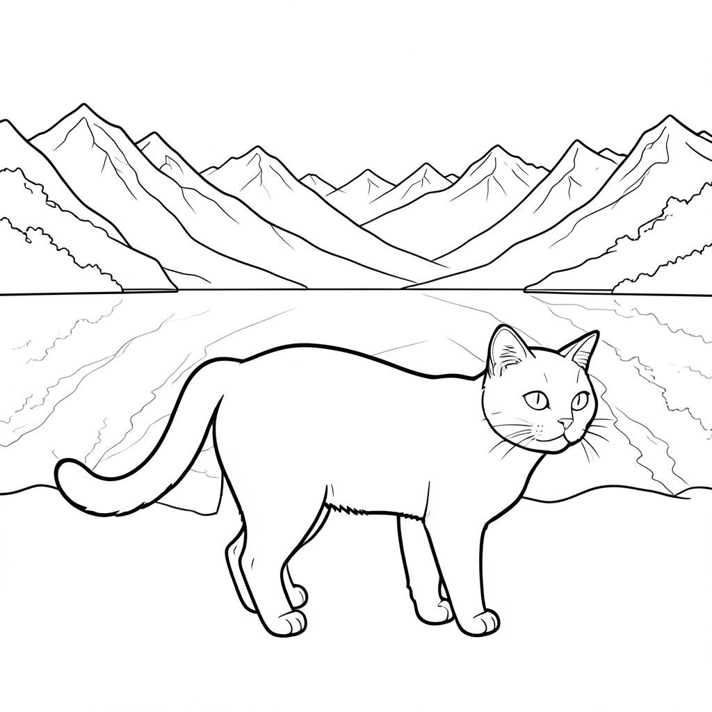 solo, chủ đề đơn, bốn chân, một đầu, một đuôi, đúng về mặt giải phẫu, con mèo, Hồ núi, trong suốt, đỉnh tuyết, phản chiếu, thanh bình, yên tĩnh, rộng lớn, mở rộng, xa, mờ mịt, trang màu, nghệ thuật đường nét, nền trắng, solo, chủ đề đơn, đúng giải phẫu, giải phẫu hoàn hảo