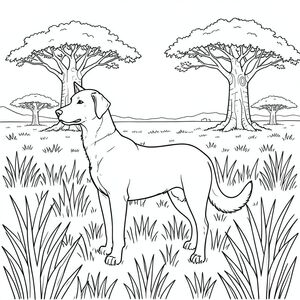 solo, chủ đề đơn, bốn chân, một đầu, một đuôi, đúng giải phẫu,, Savanna, đồng cỏ mở, cỏ cao, cây bao báp, cô đơn, Mở rộng, rộng, ánh sáng mặt trời, lốm đốm, xa, trang màu, nghệ thuật đường, nền trắng, solo, chủ đề đơn, đúng về mặt giải phẫu, giải phẫu hoàn hảo