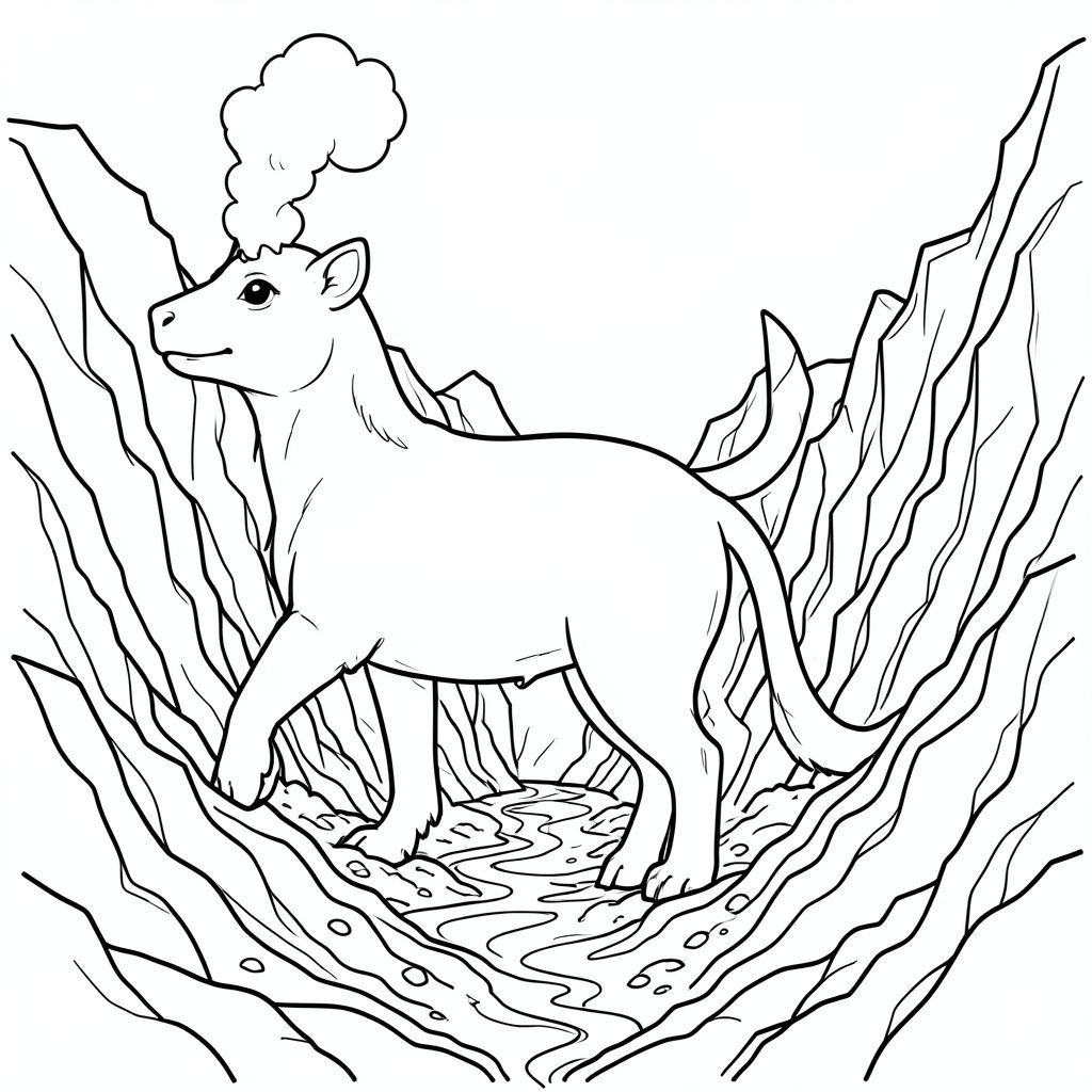 solo, chủ đề đơn, bốn chân, một đầu, một đuôi, chính xác về mặt giải phẫu, thú vật, Đá núi lửa, dòng dung nham, cứng, lỗ thông hơi, hẻm núi, lối đi hẹp, cạnh răng cưa, trầm tích khoáng sản, phong cảnh siêu thực, sự hình thành địa chất, trang màu, nghệ thuật đường nét, nền trắng, solo, chủ đề đơn, chính xác về mặt giải phẫu, giải phẫu hoàn hảo