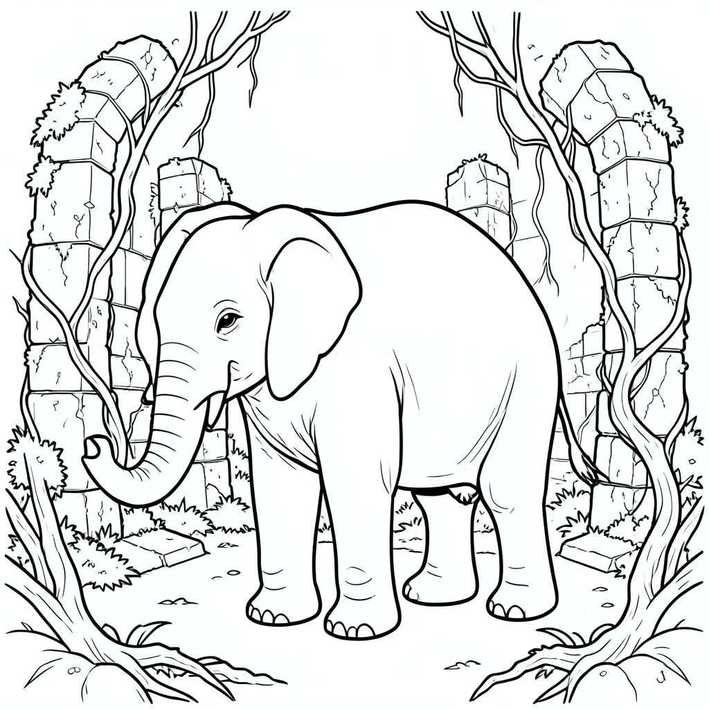 solo, một con voi, một thân cây, bốn chân, hai tai lớn, một đuôi, đúng về mặt giải phẫu, voi, Tàn tích đá, phong hóa, vỡ vụn, rêu, dây leo, dày, mọc um tùm, xưa, đổ nát, ánh sáng mặt trời, trang màu, nghệ thuật đường, nền trắng, solo, chủ đề đơn, chính xác về mặt giải phẫu, giải phẫu hoàn hảo