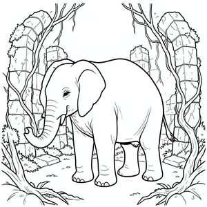 solo, một con voi, một thân cây, bốn chân, hai tai lớn, một đuôi, đúng về mặt giải phẫu, voi, Tàn tích đá, phong hóa, vỡ vụn, rêu, dây leo, dày, mọc um tùm, xưa, đổ nát, ánh sáng mặt trời, trang màu, nghệ thuật đường, nền trắng, solo, chủ đề đơn, chính xác về mặt giải phẫu, giải phẫu hoàn hảo