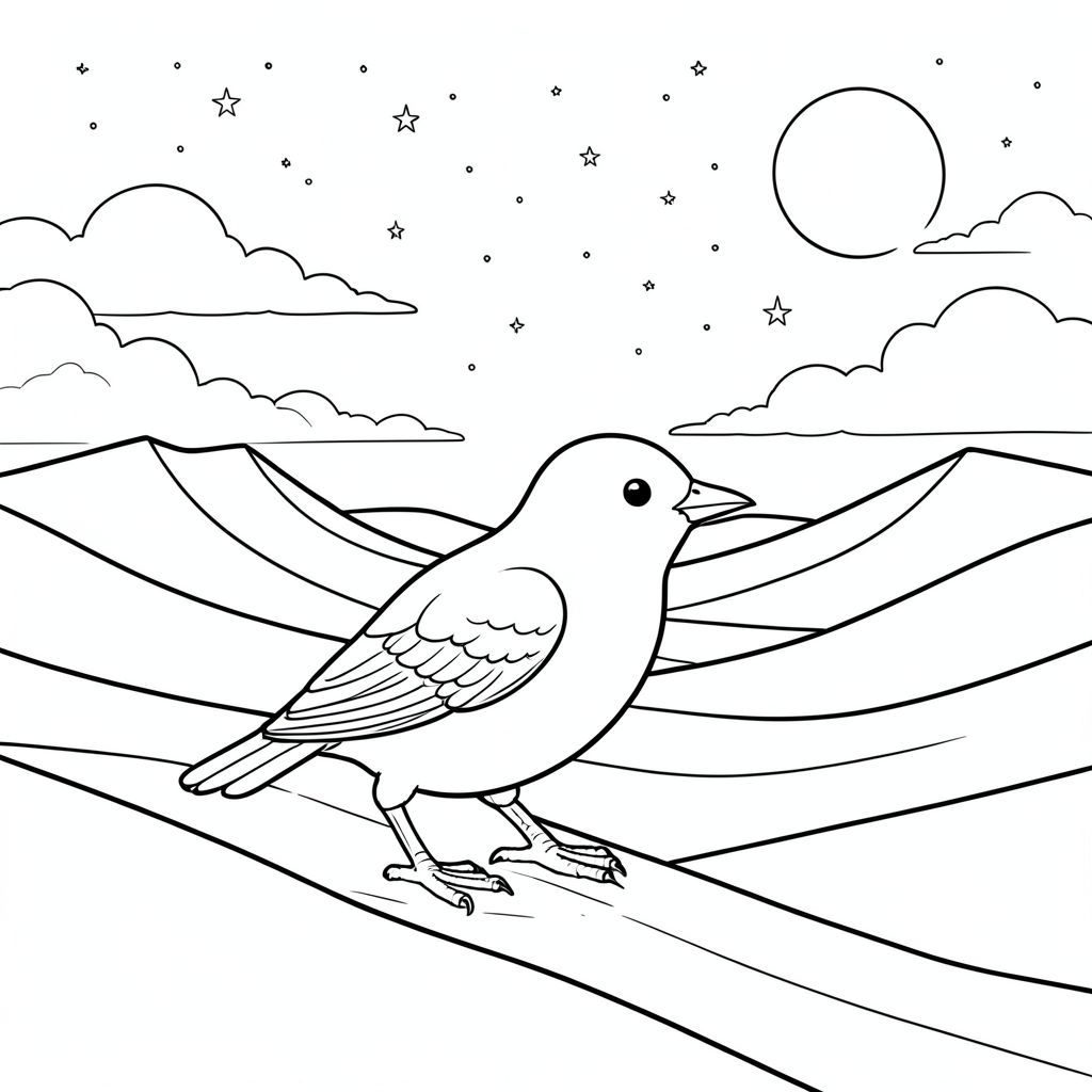 Độc lập, một con chim, hai chân, hai cánh, một mỏ, chính xác về mặt giải phẫu, chim, sa mạc rộng lớn, Cồn cát cao chót vót, Bầu trời đầy sao, Mở rộng, cát, cát, phong cảnh mở rộng, Đường chân trời, những đám mây, Ánh trăng, trang màu, nghệ thuật đường, nền trắng, Solo, chủ đề đơn, Đúng về mặt giải phẫu, Giải phẫu hoàn hảo