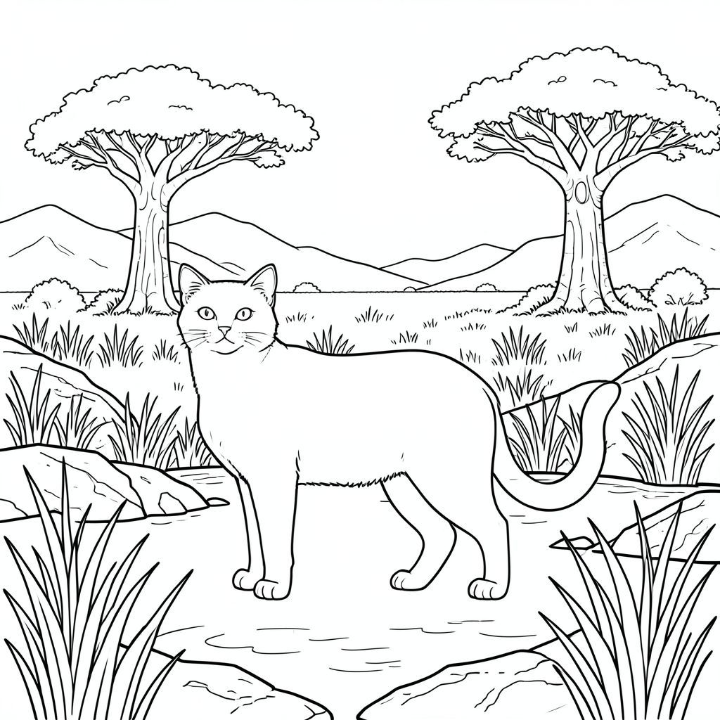 solo, chủ đề đơn, bốn chân, một đầu, một đuôi, đúng về mặt giải phẫu, con mèo, Savanna, đồng cỏ mở, cỏ cao, cây bao báp, ánh sáng mặt trời, những ngọn núi xa xôi, bầu trời, nước trong, địa hình đá, đá phong hóa, trang màu, nghệ thuật đường, nền trắng, solo, chủ đề đơn, đúng về mặt giải phẫu, giải phẫu hoàn hảo