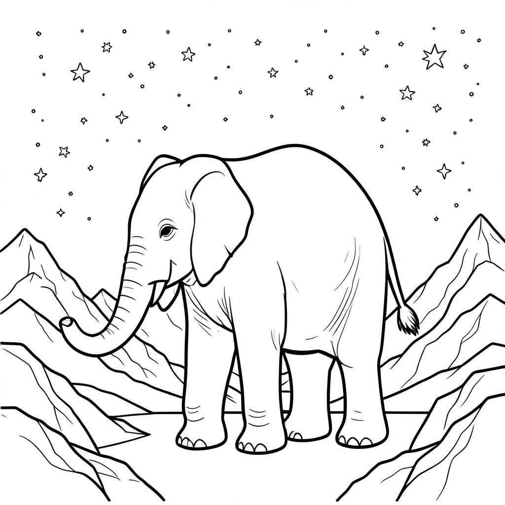 solo, một con voi, một thân cây, bốn chân, hai tai lớn, một đuôi, đúng về mặt giải phẫu, voi, thiên hà, các ngôi sao, đêm, núi, đá, đỉnh, rộng lớn, mở rộng, bầu trời, hình bóng, trang màu, nghệ thuật đường, nền trắng, solo, chủ đề đơn, đúng về mặt giải phẫu, giải phẫu hoàn hảo