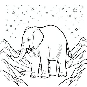 solo, một con voi, một thân cây, bốn chân, hai tai lớn, một đuôi, đúng về mặt giải phẫu, voi, thiên hà, các ngôi sao, đêm, núi, đá, đỉnh, rộng lớn, mở rộng, bầu trời, hình bóng, trang màu, nghệ thuật đường, nền trắng, solo, chủ đề đơn, đúng về mặt giải phẫu, giải phẫu hoàn hảo