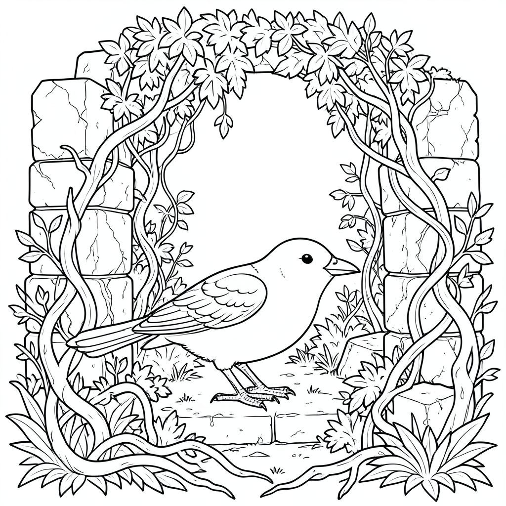 solo, một con chim, hai chân, hai cánh, một mỏ, chính xác về mặt giải phẫu, chim, Tàn tích cổ, đá, Phong hóa, mọc um tùm, dây leo, dày, tán lá, dày đặc, rối, vỡ vụn, trang màu, nghệ thuật đường, nền trắng, solo, chủ đề đơn, đúng giải phẫu, giải phẫu hoàn hảo