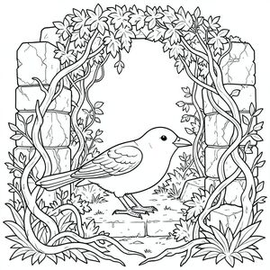 solo, một con chim, hai chân, hai cánh, một mỏ, chính xác về mặt giải phẫu, chim, Tàn tích cổ, đá, Phong hóa, mọc um tùm, dây leo, dày, tán lá, dày đặc, rối, vỡ vụn, trang màu, nghệ thuật đường, nền trắng, solo, chủ đề đơn, đúng giải phẫu, giải phẫu hoàn hảo