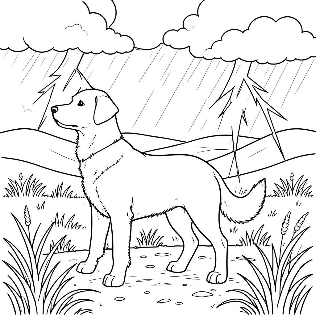 solo, chủ đề đơn, bốn chân, một cái đầu, một cái đuôi, chính xác về mặt giải phẫu,, đồng cỏ rộng mở, bão, sét đánh, đám mây, những ngọn đồi thoai thoải, đường chân trời xa, cỏ bị gió thổi, mưa, mặt đất ẩm ướt, phối cảnh khí quyển, trang màu, nghệ thuật đường, nền trắng, solo, chủ đề đơn, đúng về mặt giải phẫu, giải phẫu hoàn hảo