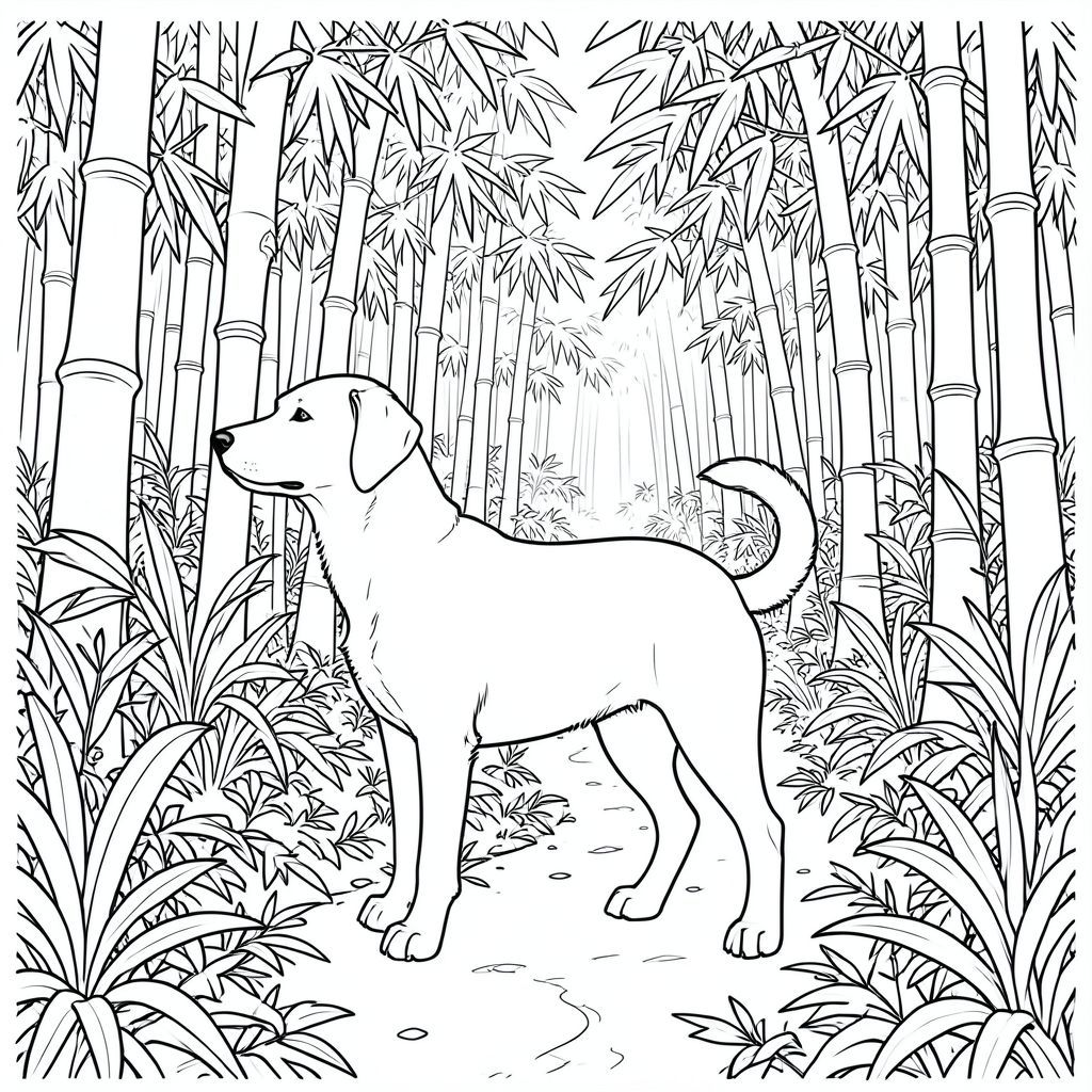 solo, chủ đề đơn, bốn chân, một cái đầu, một cái đuôi, đúng về mặt giải phẫu,, rừng tre rậm rạp, ánh sáng mặt trời lốm đốm, lọc, con đường quanh co, nền phức tạp, tán lá chi tiết, cây xanh tươi tốt, bầu không khí thanh bình, tự nhiên, kết xuất thực tế, trang màu, nghệ thuật đường, nền trắng, solo, chủ đề đơn, chính xác về mặt giải phẫu, giải phẫu hoàn hảo