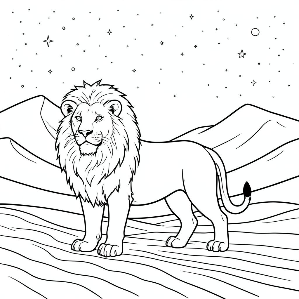 solo, chủ đề đơn, bốn chân, một đầu, một đuôi, đúng về mặt giải phẫu, sư tử, sa mạc rộng lớn, cồn cát cao chót vót, bầu trời đầy sao, môi trường chi tiết, thực tế, mở rộng, cảnh đêm, cồn cát, gợn cát, bầu trời quang đãng, trang màu, nghệ thuật đường, nền trắng, solo, chủ đề đơn, chính xác về mặt giải phẫu, giải phẫu hoàn hảo