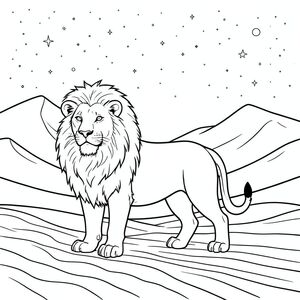 solo, chủ đề đơn, bốn chân, một đầu, một đuôi, đúng về mặt giải phẫu, sư tử, sa mạc rộng lớn, cồn cát cao chót vót, bầu trời đầy sao, môi trường chi tiết, thực tế, mở rộng, cảnh đêm, cồn cát, gợn cát, bầu trời quang đãng, trang màu, nghệ thuật đường, nền trắng, solo, chủ đề đơn, chính xác về mặt giải phẫu, giải phẫu hoàn hảo