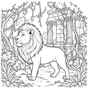 solo, chủ đề đơn, bốn chân, một cái đầu, một cái đuôi, đúng về mặt giải phẫu, sư tử, tàn tích cổ, đền đá, dây leo mọc um tùm, tán lá rậm rạp, Kiến trúc đổ nát, đá phong hóa, Rêu bao phủ, Phối cảnh khí quyển, kết cấu chi tiết, mọc um tùm, trang màu, nghệ thuật đường, nền trắng, solo, chủ đề đơn, chính xác về mặt giải phẫu, giải phẫu hoàn hảo