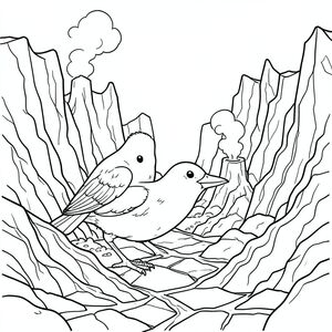 solo, chim đơn, hai chân, hai cánh, một mỏ, chính xác về mặt giải phẫu, chim, hẻm núi, đá núi lửa, dòng dung nham cứng, lỗ thông hơi, cặn lưu huỳnh, vách đá lởm chởm, sự hình thành địa chất, nội thất hang động, hoạt động nhiệt, đất nứt, trang màu, nghệ thuật đường, nền trắng, solo, chủ đề đơn, chính xác về mặt giải phẫu, giải phẫu hoàn hảo