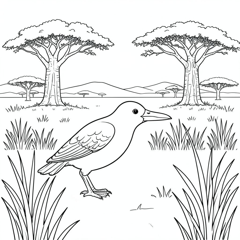 Độc lập, một con chim, hai chân, hai cánh, một mỏ, đúng về mặt giải phẫu, chim, xavan, đồng cỏ mở, cây bao báp, cỏ cao, cây keo, đồi xa, phong cảnh khô, giờ, môi trường thực tế, chế độ xem mở rộng, trang tô màu, nghệ thuật đường, nền trắng, solo, chủ đề đơn, đúng giải phẫu, giải phẫu hoàn hảo