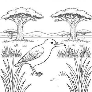 Độc lập, một con chim, hai chân, hai cánh, một mỏ, đúng về mặt giải phẫu, chim, xavan, đồng cỏ mở, cây bao báp, cỏ cao, cây keo, đồi xa, phong cảnh khô, giờ, môi trường thực tế, chế độ xem mở rộng, trang tô màu, nghệ thuật đường, nền trắng, solo, chủ đề đơn, đúng giải phẫu, giải phẫu hoàn hảo