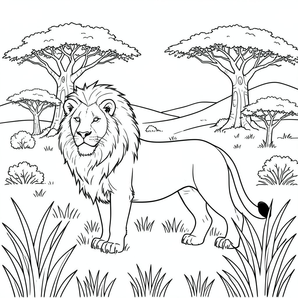 solo, chủ đề đơn, bốn chân, một đầu, một đuôi, đúng về mặt giải phẫu, sư tử, thảo nguyên, đồng cỏ mở, cỏ cao, cây bao báp, cây keo, cây bụi rải rác, phong cảnh khô, giờ, khung cảnh rộng lớn, đồi thoai thoải, trang màu, nghệ thuật đường, nền trắng, solo, chủ đề đơn, đúng về mặt giải phẫu, giải phẫu hoàn hảo
