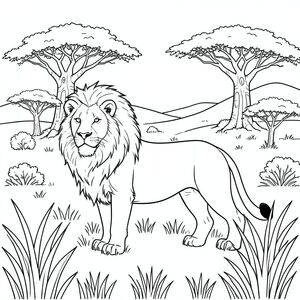 solo, chủ đề đơn, bốn chân, một đầu, một đuôi, đúng về mặt giải phẫu, sư tử, thảo nguyên, đồng cỏ mở, cỏ cao, cây bao báp, cây keo, cây bụi rải rác, phong cảnh khô, giờ, khung cảnh rộng lớn, đồi thoai thoải, trang màu, nghệ thuật đường, nền trắng, solo, chủ đề đơn, đúng về mặt giải phẫu, giải phẫu hoàn hảo