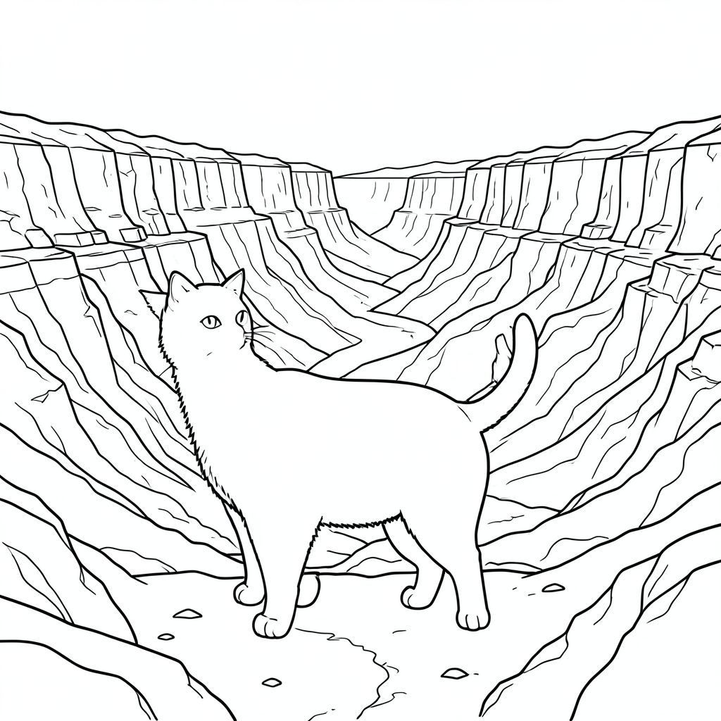 Độc thoại, chủ đề đơn, bốn chân, một đầu, một đuôi, chính xác về mặt giải phẫu, con mèo, hẻm núi rộng lớn, Lớp đá trầm tích, Sự hình thành địa chất, Vách đá nhiều lớp, Khung cảnh mở rộng, Phong cảnh khô cằn, Môi trường sa mạc, Địa hình bị xói mòn, Chi tiết intrie, Kết xuất thực tế, Trang màu, Nghệ thuật đường, nền trắng, Solo, chủ đề đơn, Đúng giải phẫu, Giải phẫu hoàn hảo