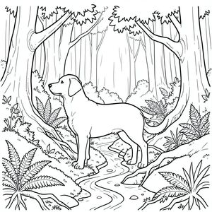 solo, chủ đề đơn, bốn chân, một cái đầu, một cái đuôi, đúng về mặt giải phẫu,, rêu dày đặc, cây cổ thụ, rừng nhiệt đới, tán cây, lốm đốm, dương xỉ, đá rêu, rễ phức tạp, dòng suối quanh co, phối cảnh khí quyển, trang màu, nghệ thuật đường, nền trắng, solo, chủ đề đơn, chính xác về mặt giải phẫu, giải phẫu hoàn hảo