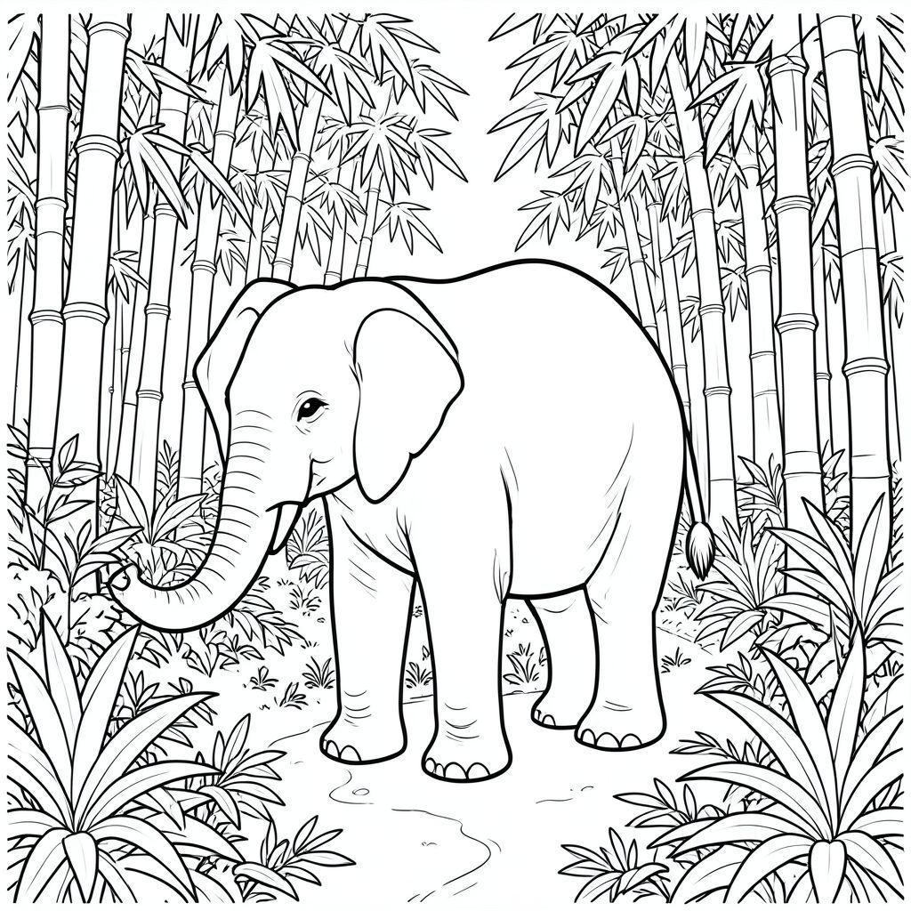 Độc lập, một con voi, một thân cây, bốn chân, hai tai lớn, một đuôi, đúng về mặt giải phẫu, voi, rừng tre rậm rạp, ánh sáng mặt trời lốm đốm, tán lá phức tạp, con đường quanh co, bầu không khí thanh bình, lý lịch chi tiết, tự nhiên, cây xanh tươi tốt, bố cục dọc, yên tĩnh, trang màu, nghệ thuật đường, nền trắng, độc mình, chủ đề đơn, đúng giải phẫu, giải phẫu hoàn hảo