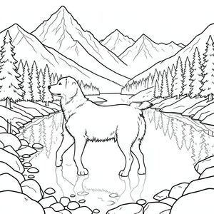 solo, chủ đề đơn, bốn chân, một đầu, một đuôi, đúng về mặt giải phẫu,, đỉnh tuyết, hồ núi, nước trong vắt, sự phản chiếu, phong cảnh băng hà, bờ biển đá, rừng thông, những ngọn núi xa xôi, sườn núi phủ đầy tuyết, bầu không khí thanh bình, trang màu, nghệ thuật đường, nền trắng, solo, chủ đề đơn, đúng về mặt giải phẫu, giải phẫu hoàn hảo