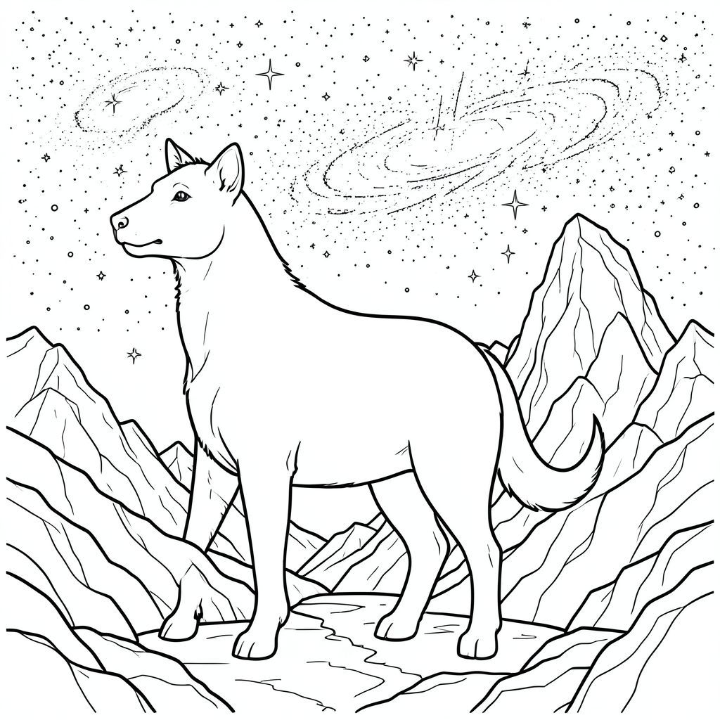 Độc thoại, chủ đề đơn, bốn chân, một đầu, một đuôi, đúng về mặt giải phẫu, thú vật, Thiên hà đầy sao rộng lớn, Bầu trời, Đỉnh núi đá, Môi trường chi tiết, thực tế, Thiên thể, Vũ trụ, Tinh vân, Cánh đồng sao, Dãy núi, Trang màu, Nghệ thuật đường, nền trắng, Solo, chủ đề đơn, Đúng về mặt giải phẫu, Giải phẫu hoàn hảo