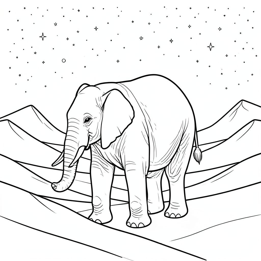 Độc lập, một con voi, một thân cây, bốn chân, hai tai lớn, một đuôi, đúng về mặt giải phẫu, voi, sa mạc rộng lớn, cồn cát cao chót vót, bầu trời đầy sao, môi trường chi tiết, thực tế, Mở rộng, Cảnh đêm, Cồn cát, Phối cảnh khí quyển, Độ dốc tinh tế, Trang màu, Nghệ thuật đường nét, nền trắng, Solo, chủ đề đơn, Đúng giải phẫu, Giải phẫu hoàn hảo