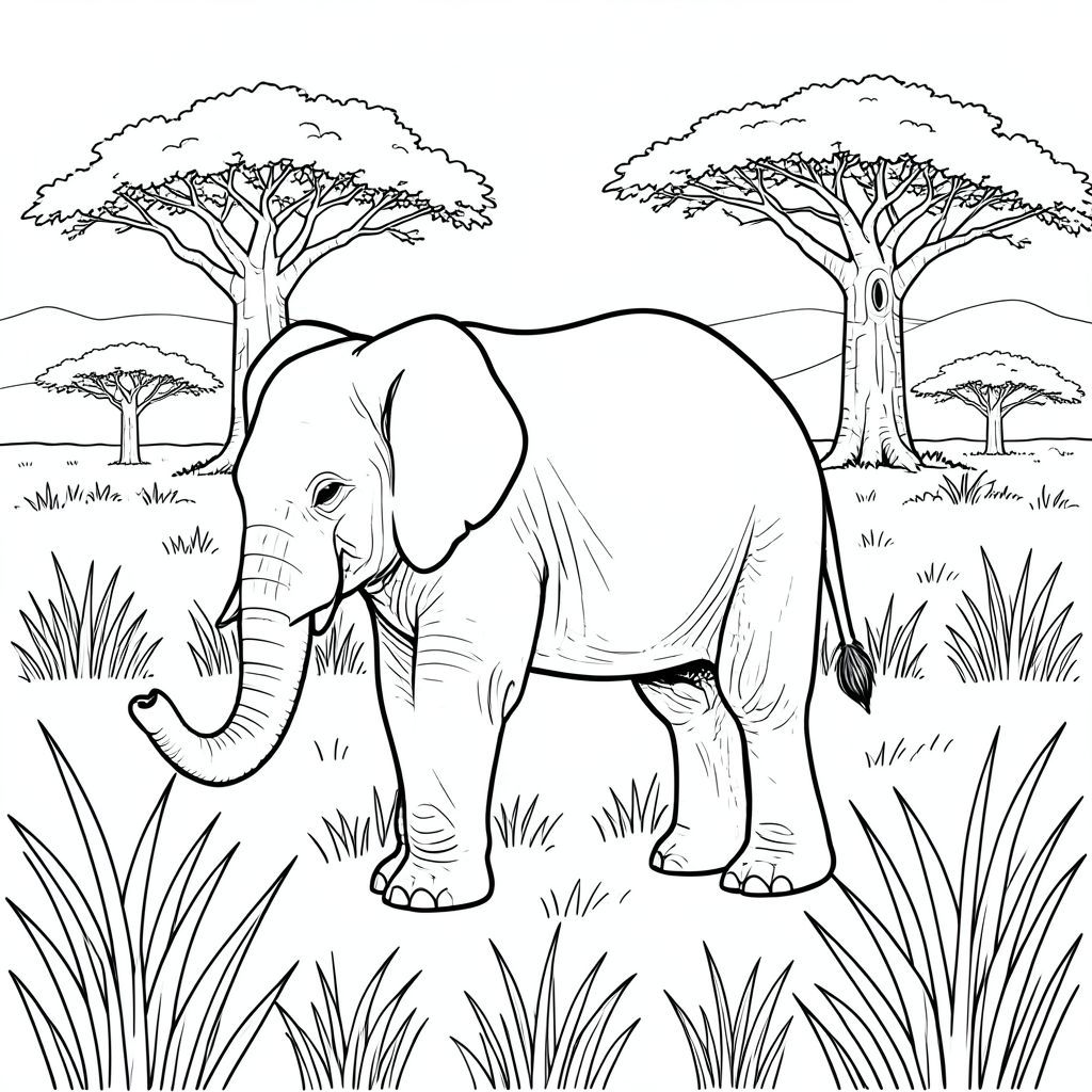 Độc lập, một con voi, một thân cây, bốn chân, hai tai lớn, một đuôi, đúng về mặt giải phẫu, voi, thảo nguyên, đồng cỏ mở, cỏ cao, cây bao báp, cây đơn độc, phong cảnh rộng lớn, thảm thực vật khô, giờ, môi trường thực tế, kết cấu chi tiết, trang màu, nghệ thuật đường, nền trắng, solo, chủ đề đơn, chính xác về mặt giải phẫu, giải phẫu hoàn hảo