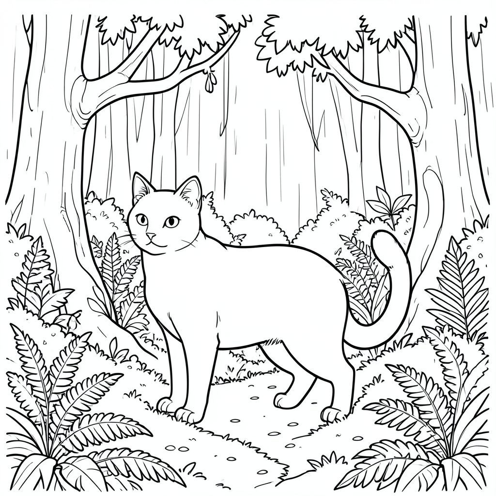 solo, chủ đề đơn, bốn chân, một đầu, một đuôi, đúng giải phẫu, con mèo, rêu dày đặc, cây cổ thụ, rừng nhiệt đới, tán cây, dương xỉ, bụi rậm, lốm đốm, chi tiết intrie, thực tế, thảm thực vật tươi tốt, trang màu, nghệ thuật đường, nền trắng, solo, chủ đề đơn, đúng về mặt giải phẫu, giải phẫu hoàn hảo