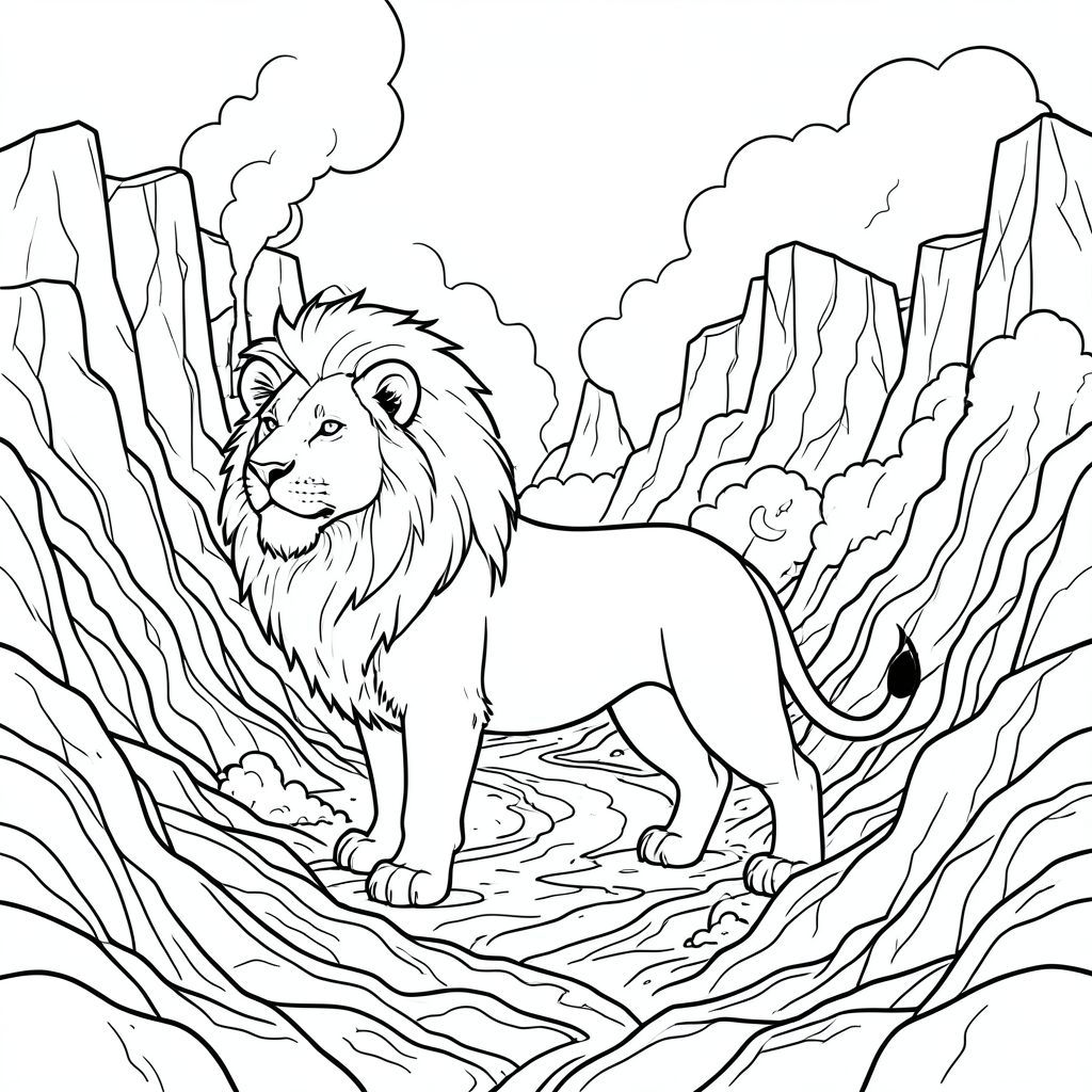 solo, chủ đề đơn, bốn chân, một đầu, một đuôi, chính xác về mặt giải phẫu, sư tử, hẻm núi lửa, dòng dung nham cứng, lỗ thông hơi, hoạt động địa nhiệt, thành tạo đá, vách đá lởm chởm, vết nứt, cặn lưu huỳnh, sương mù xoáy, sương mù, trang màu, nghệ thuật đường nét, nền trắng, solo, chủ đề đơn, chính xác về mặt giải phẫu, giải phẫu hoàn hảo