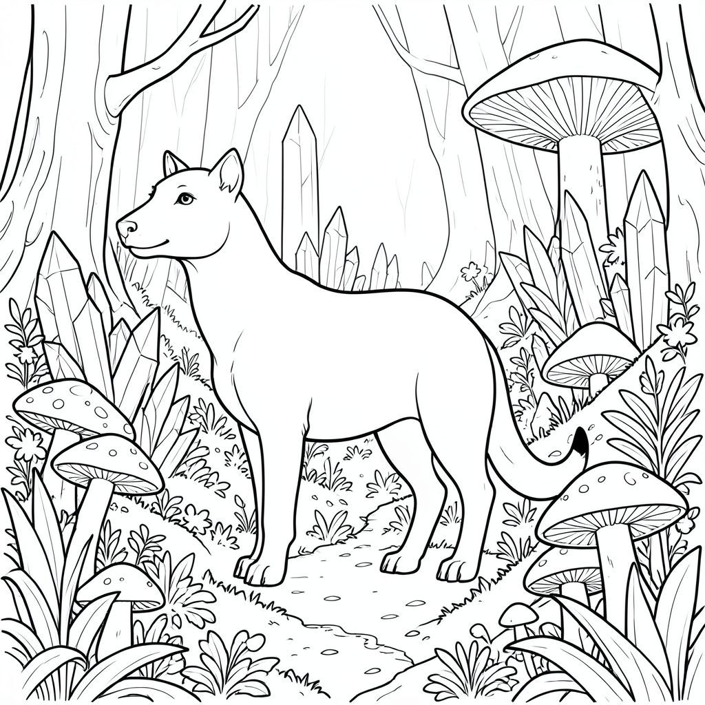 solo, chủ đề đơn, bốn chân, một đầu, một đuôi, đúng về mặt giải phẫu, thú vật, khu rừng huyền bí, sự hình thành pha lê, nấm, nấm khổng lồ, phát quang sinh học, tán lá rậm rạp, bầu không khí thanh tao, phong cảnh thế giới khác, giống như mơ, môi trường chi tiết, trang màu, nghệ thuật đường, nền trắng, solo, chủ đề đơn, đúng giải phẫu, giải phẫu hoàn hảo