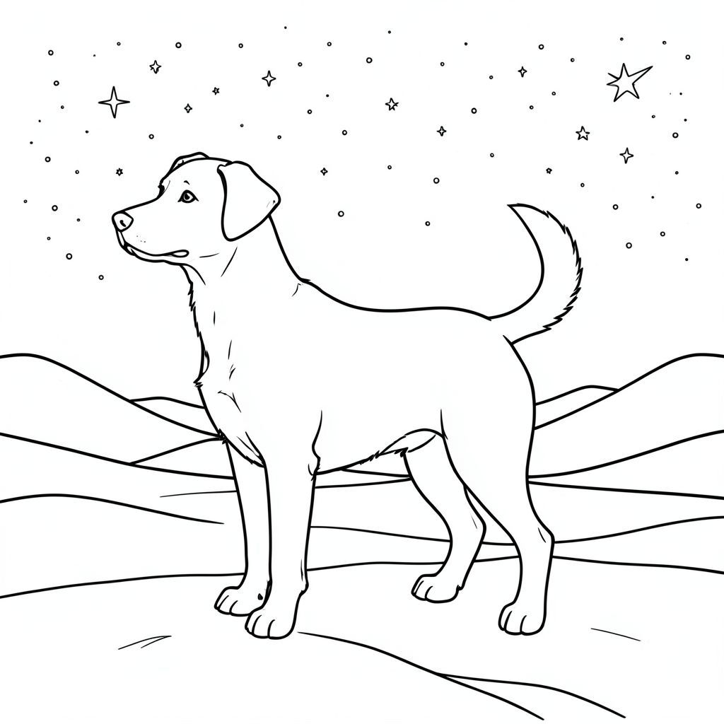 solo, chủ đề đơn, bốn chân, một đầu, một đuôi, đúng về mặt giải phẫu,, sa mạc, cồn cát, phong cảnh rộng lớn, bầu trời đầy sao, đêm, thiên thể, cồn cát, khô cằn, cằn cỗi, mở rộng, trang tô màu, nghệ thuật đường, nền trắng, solo, chủ đề đơn, chính xác về mặt giải phẫu, giải phẫu hoàn hảo