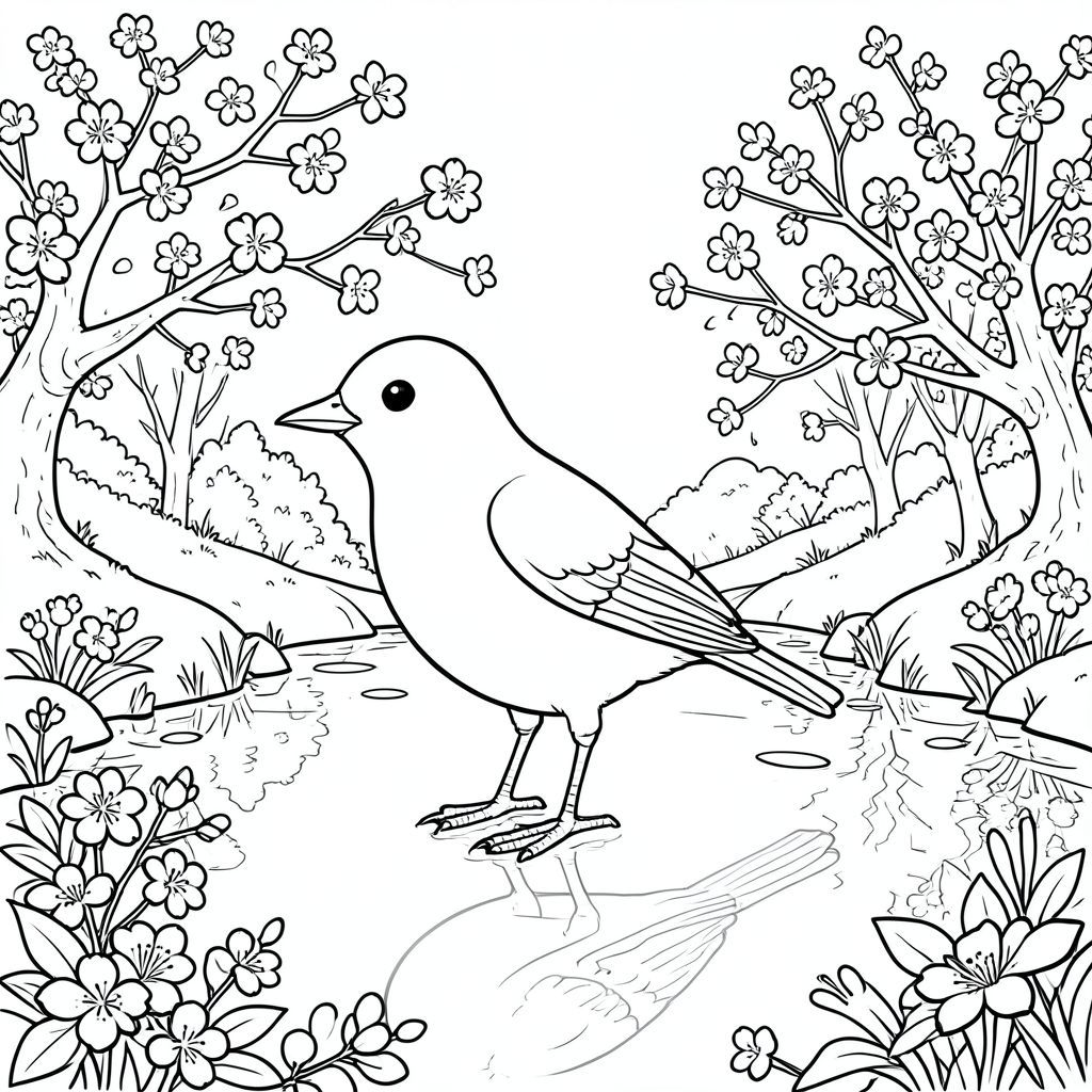 Độc lập, một con chim, hai chân, hai cánh, một mỏ, chính xác về mặt giải phẫu, chim, vườn hoa anh đào, ao, nước phản chiếu, thanh thản, yên tĩnh, mùa xuân, hoa, hoa, cây cối, phong cảnh, trang màu, nghệ thuật đường, nền trắng, solo, chủ đề đơn, đúng về mặt giải phẫu, giải phẫu hoàn hảo