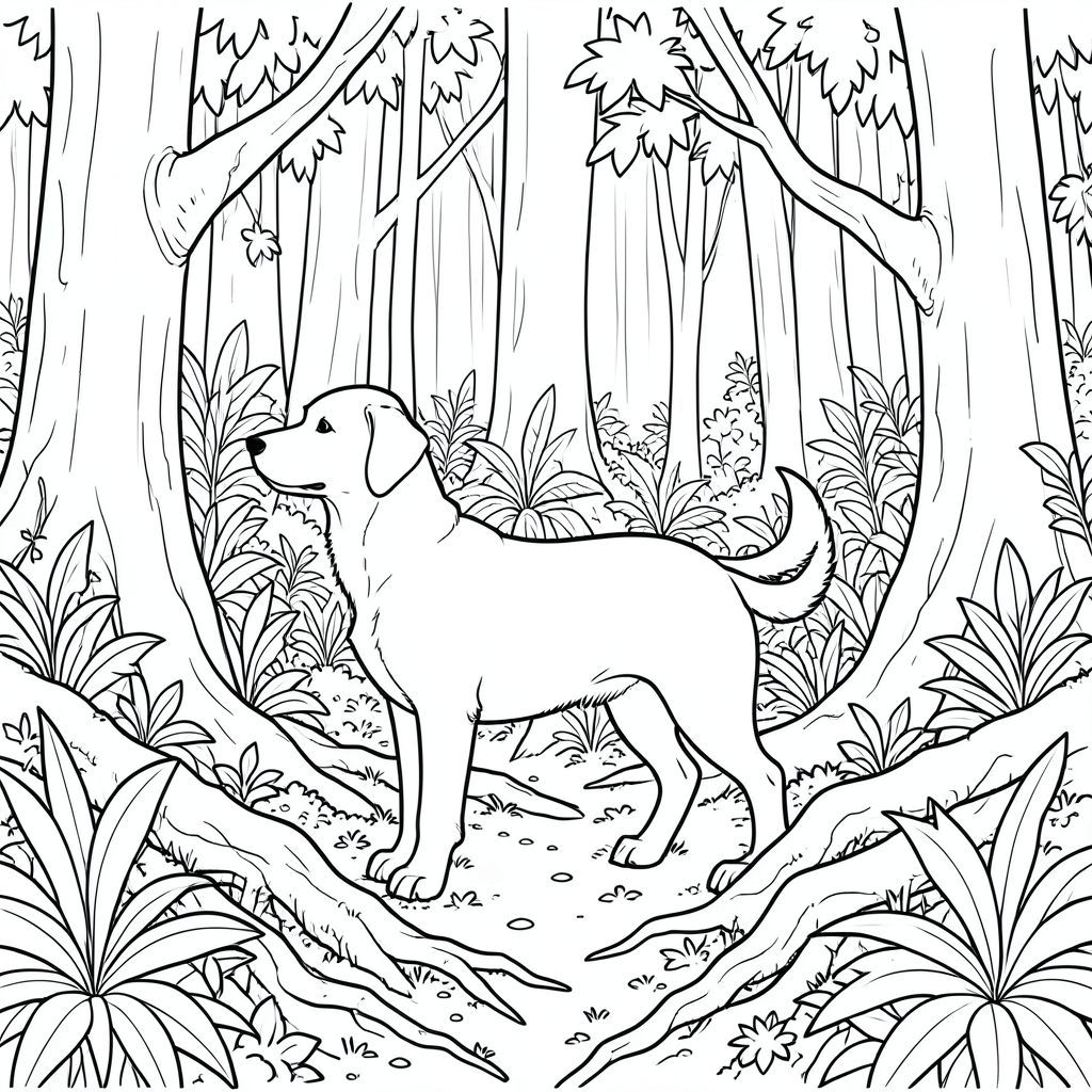 solo, chủ đề đơn, bốn chân, một cái đầu, một cái đuôi, đúng về mặt giải phẫu,, rừng nhiệt đới rậm rạp, mặt đất rêu phong, cây cổ thụ, thảm thực vật cao chót vót, tán lá tươi tốt, bầu không khí ẩm ướt, lốm đốm, sàn rừng, rễ phức tạp, cành cây gồ ghề, trang tô màu, nghệ thuật đường, nền trắng, solo, chủ đề đơn, chính xác về mặt giải phẫu, giải phẫu hoàn hảo