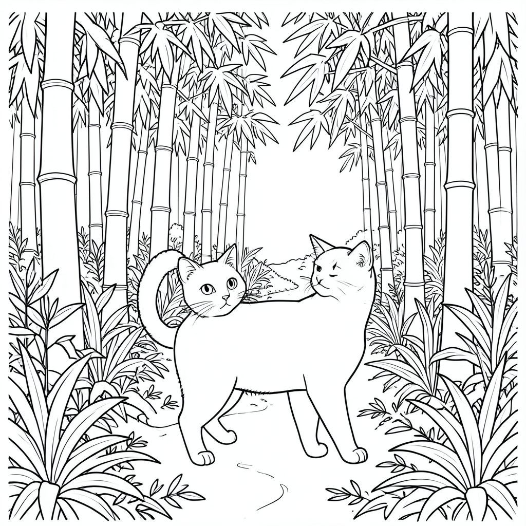 solo, chủ đề đơn, bốn chân, một cái đầu, một cái đuôi, đúng giải phẫu, con mèo, rừng tre rậm rạp, thân cây cao, ánh sáng mặt trời lốm đốm, tán lá chi tiết, con đường quanh co, nền intrie, thảm thực vật tươi tốt, bầu không khí thanh bình, tự nhiên, sàn rừng, trang màu, nghệ thuật đường, nền trắng, solo, chủ đề đơn, chính xác về mặt giải phẫu, giải phẫu hoàn hảo