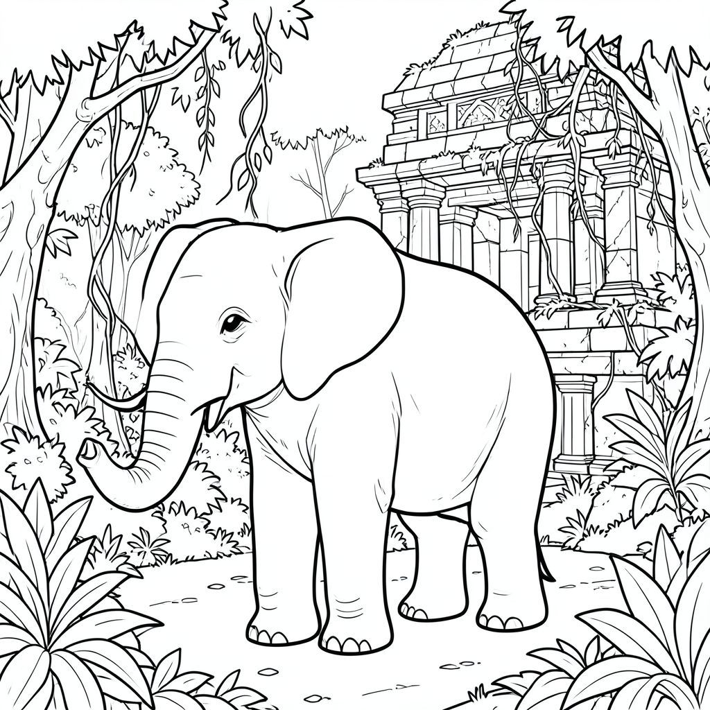 solo, một con voi, một thân cây, bốn chân, hai tai lớn, một đuôi, đúng về mặt giải phẫu, voi, tàn tích cổ, đền đá, mọc um tùm, dây leo, tán lá, rừng rậm, vùng hoang dã, đá phong hóa, Kiến trúc sụp đổ, môi trường chi tiết, trang tô màu, nghệ thuật đường, nền trắng, solo, chủ đề đơn, chính xác về mặt giải phẫu, giải phẫu hoàn hảo
