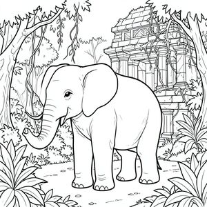solo, một con voi, một thân cây, bốn chân, hai tai lớn, một đuôi, đúng về mặt giải phẫu, voi, tàn tích cổ, đền đá, mọc um tùm, dây leo, tán lá, rừng rậm, vùng hoang dã, đá phong hóa, Kiến trúc sụp đổ, môi trường chi tiết, trang tô màu, nghệ thuật đường, nền trắng, solo, chủ đề đơn, chính xác về mặt giải phẫu, giải phẫu hoàn hảo