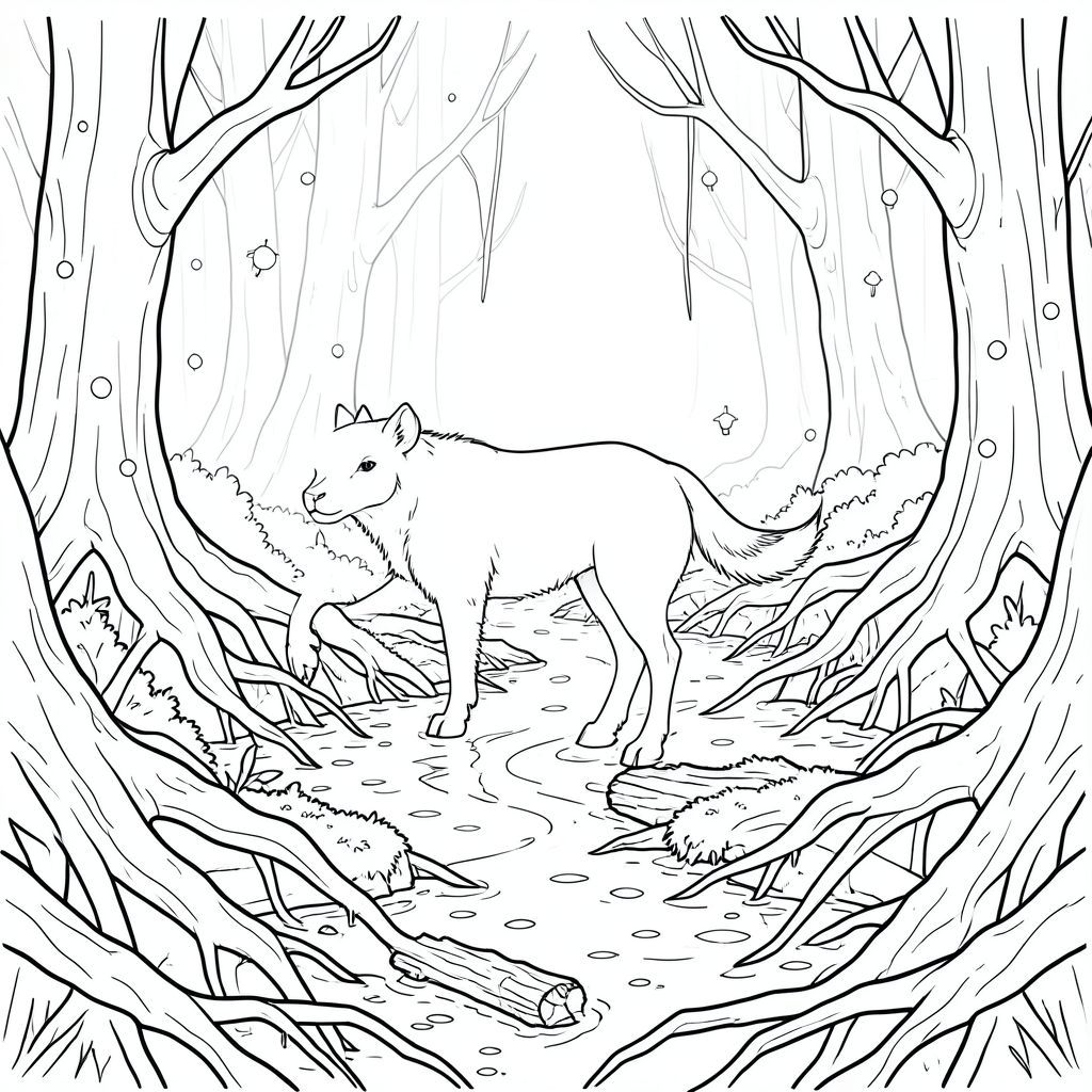 solo, chủ đề đơn, bốn chân, một đầu, một đuôi, đúng giải phẫu, thú vật, đầm lầy sương mù, rễ cây xoắn, đom đóm, sương mù dày đặc, cây cổ thụ, đường nước quanh co, mặt nước đục, khúc gỗ phủ rêu, hệ thống rễ phức tạp, thanh tao, trang màu, nghệ thuật đường, nền trắng, solo, chủ đề đơn, đúng giải phẫu, giải phẫu hoàn hảo