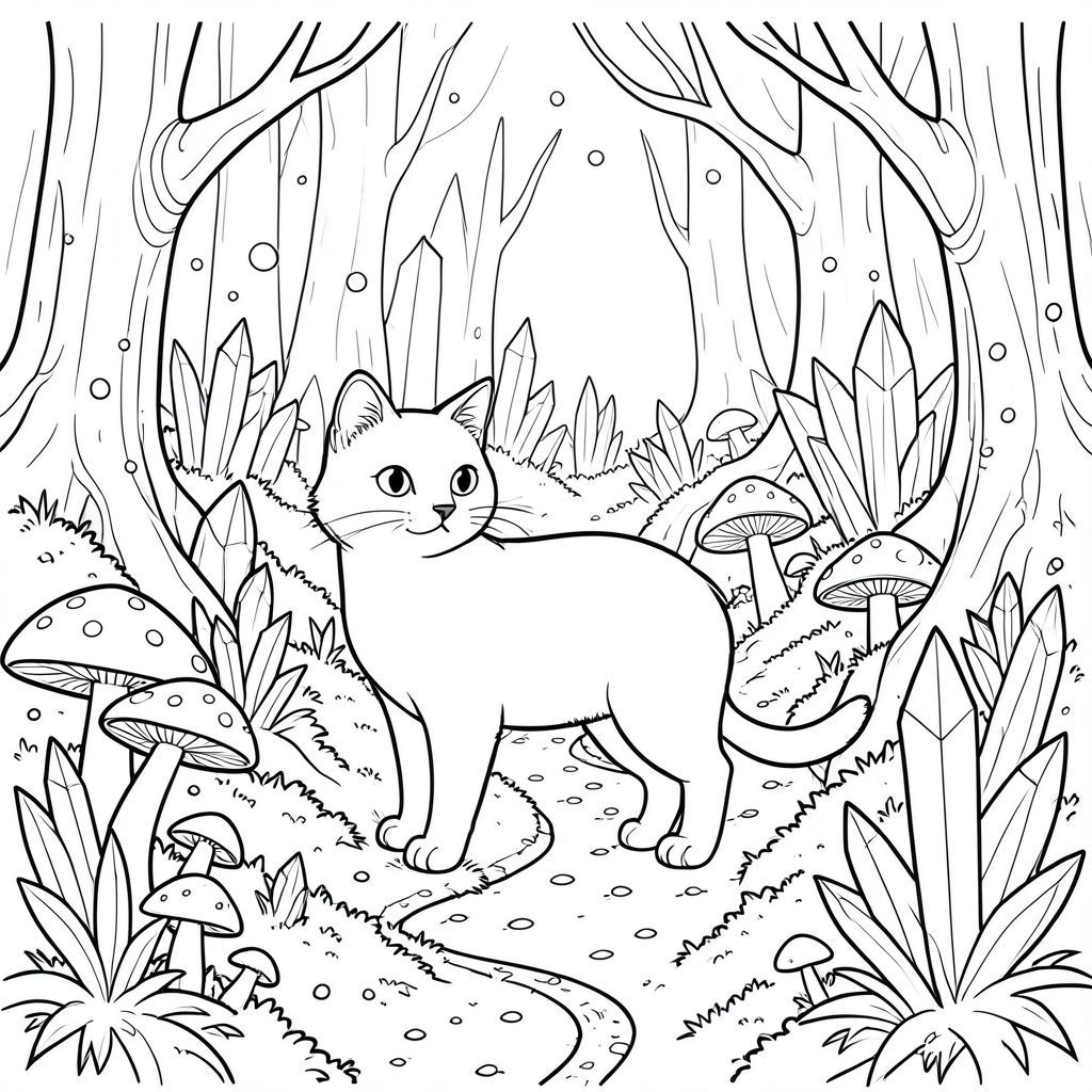 solo, chủ đề đơn, bốn chân, một đầu, một đuôi, đúng về mặt giải phẫu, con mèo, rừng pha lê huyền bí, nấm, nấm khổng lồ, sự hình thành pha lê intrie, thanh tao, rêu chi tiết, con đường quanh co, cây cổ thụ, bào tử, bầu không khí kỳ diệu, trang tô màu, nghệ thuật đường, nền trắng, solo, chủ đề đơn, chính xác về mặt giải phẫu, giải phẫu hoàn hảo