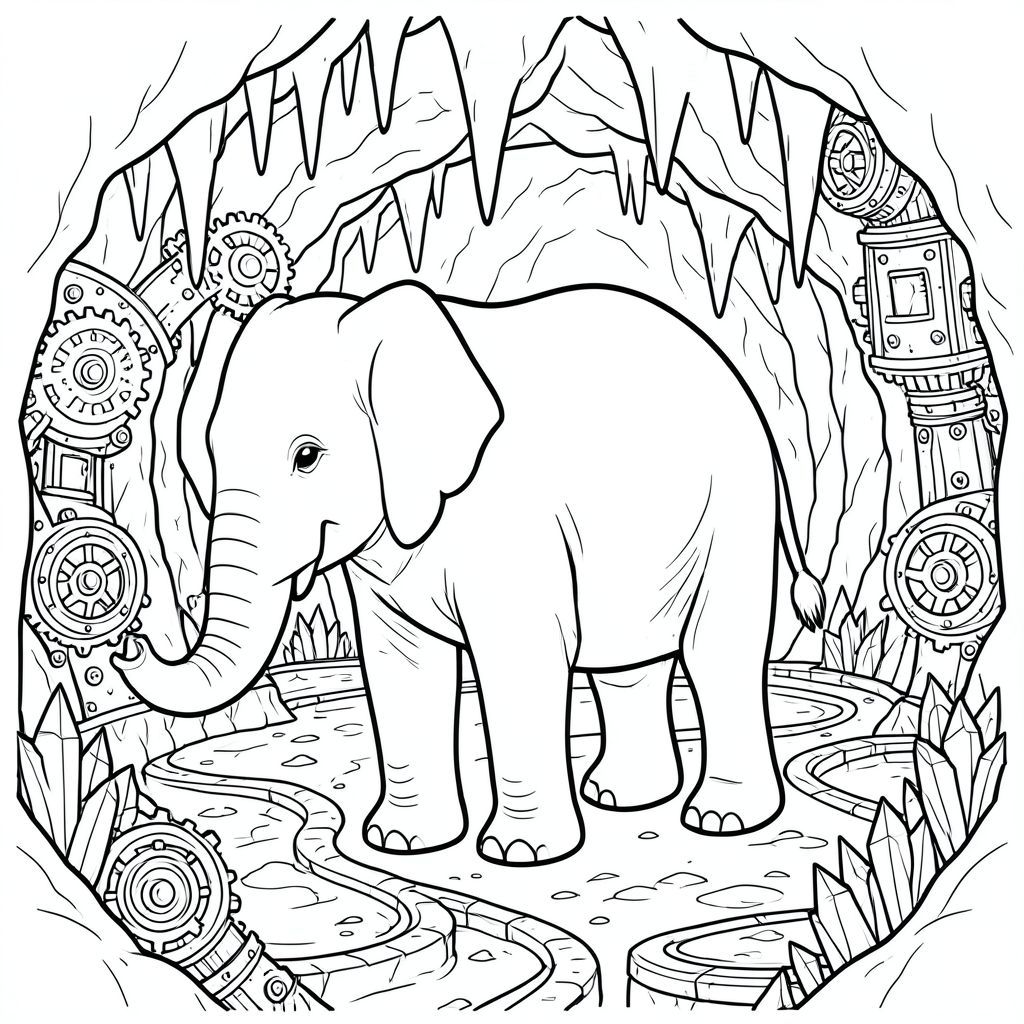 solo, một con voi, một thân, bốn chân, hai tai lớn, một đuôi, đúng về mặt giải phẫu, voi, hang phát quang sinh học, nhũ đá, hồ bơi ngầm, máy móc steampunk, kim loại phức tạp, bánh răng cơ khí, pha lê, môi trường ngầm, tường hang động chi tiết, đường hầm quanh co, trang màu, nghệ thuật đường nét, nền trắng, solo, chủ đề đơn, đúng giải phẫu, giải phẫu hoàn hảo