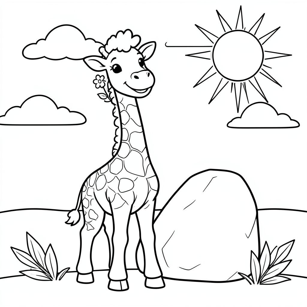 Một con hươu cao cổ hoạt hình vui vẻ trên thảo nguyên, với nụ cười to, thân thiện, đôi chân dài, một búi tóc tinh nghịch trên đầu và một hoặc hai bông hoa nhỏ mọc ra từ cổ. Con hươu cao cổ đang đứng bên cạnh một hòn đá lớn đơn giản và một vài chiếc lá, tất cả đều được vẽ bằng những đường nét mượt mà, rõ ràng để trẻ em có thể tô màu với các sắc thái tươi sáng. Nền có một vài đám mây và mặt trời với tia nắng để thêm một chút ánh nắng mặt trời, nhưng toàn bộ khung cảnh được giữ tối thiểu để dễ dàng tô màu. 