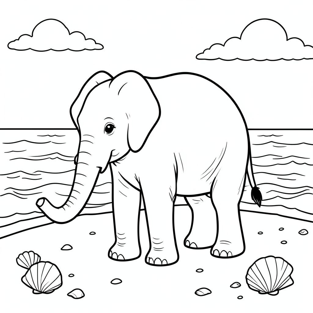 solo, một con voi, một thân cây, bốn chân, hai tai lớn, một đuôi, đúng về mặt giải phẫu, voi, Bãi cát, sóng, vỏ sò, cát, ánh sáng mặt trời, nước trong, bầu trời, những đám mây, đường chân trời, đại dương, trang màu, nghệ thuật đường, nền trắng, solo, chủ đề đơn, đúng về mặt giải phẫu, giải phẫu hoàn hảo