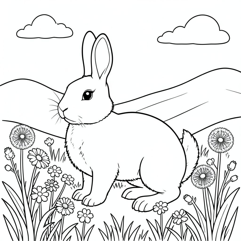 solo, chủ đề đơn, bốn chân, một đầu, một đuôi, đúng giải phẫu, thỏ, đồng cỏ, hoa dại, bồ công anh, ánh sáng mặt trời, bầu trời quang đãng, gió nhẹ, đồi thoai thoải, cỏ tươi tốt, thành phần đơn giản, yên bình, trang màu, nghệ thuật đường, nền trắng, solo, chủ đề đơn, đúng về mặt giải phẫu, giải phẫu hoàn hảo