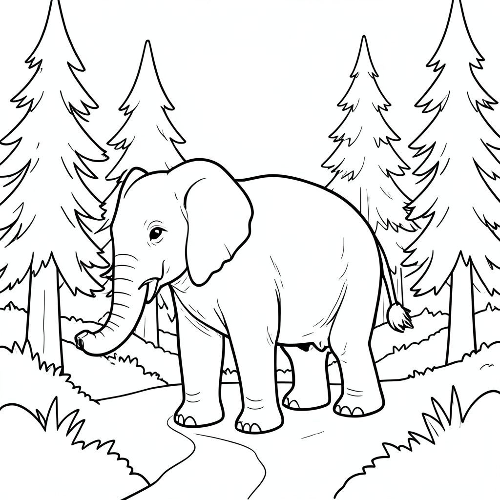 Độc mình, một con voi, một thân cây, bốn chân, hai tai lớn, một đuôi, đúng về mặt giải phẫu, voi, rừng, con đường, cây thông, cao, cây, ánh sáng mặt trời, rõ ràng, đơn giản, dọn dẹp, lý lịch, trang màu, nghệ thuật đường, nền trắng, solo, chủ đề đơn, đúng về mặt giải phẫu, giải phẫu hoàn hảo
