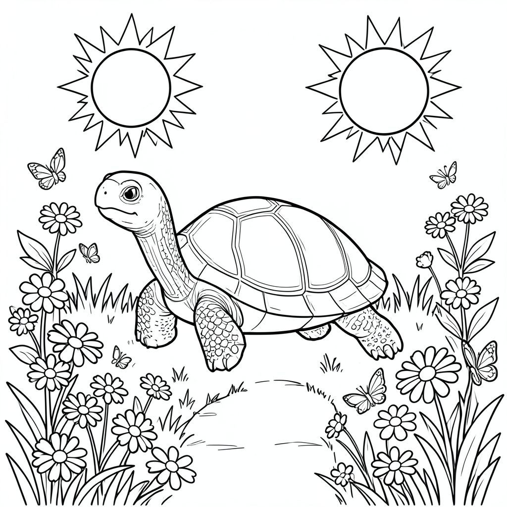 Độc lập, Rùa đơn, bốn chân, một đầu, một vỏ, đúng giải phẫu, rùa, mặt trời, vườn, hoa, cúc, bướm, nắng, cỏ, con đường, hoa, mềm, trang màu, nghệ thuật đường, nền trắng, solo, chủ đề đơn, chính xác về mặt giải phẫu, giải phẫu hoàn hảo