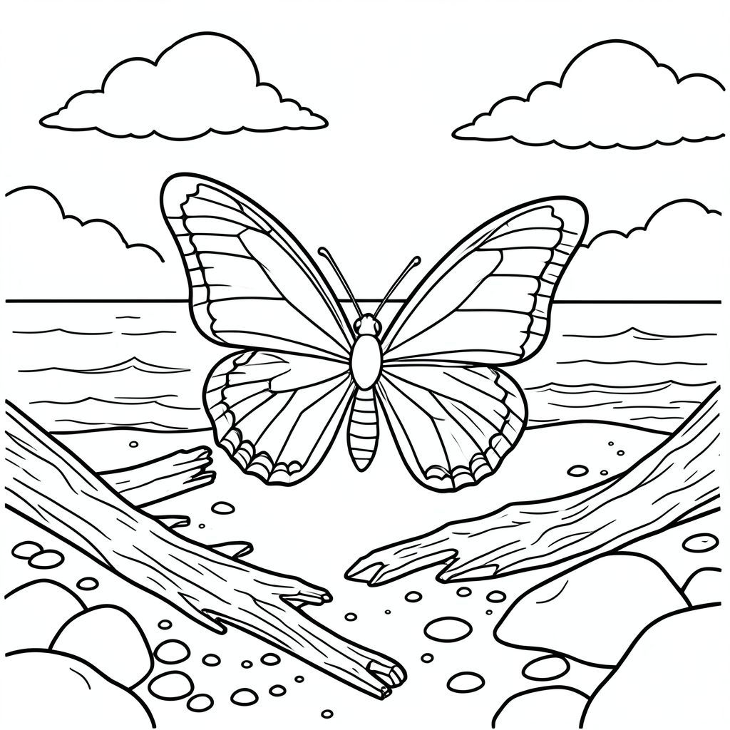 solo, côn trùng đơn, sáu chân, đúng về mặt giải phẫu, bướm, Bờ đá, Lũa, Rải rác, cát, đại dương, Bầu trời, những đám mây, Ánh sáng mặt trời, đá, đá cuội, trang màu, nghệ thuật đường, nền trắng, solo, chủ đề đơn, chính xác về mặt giải phẫu, giải phẫu hoàn hảo