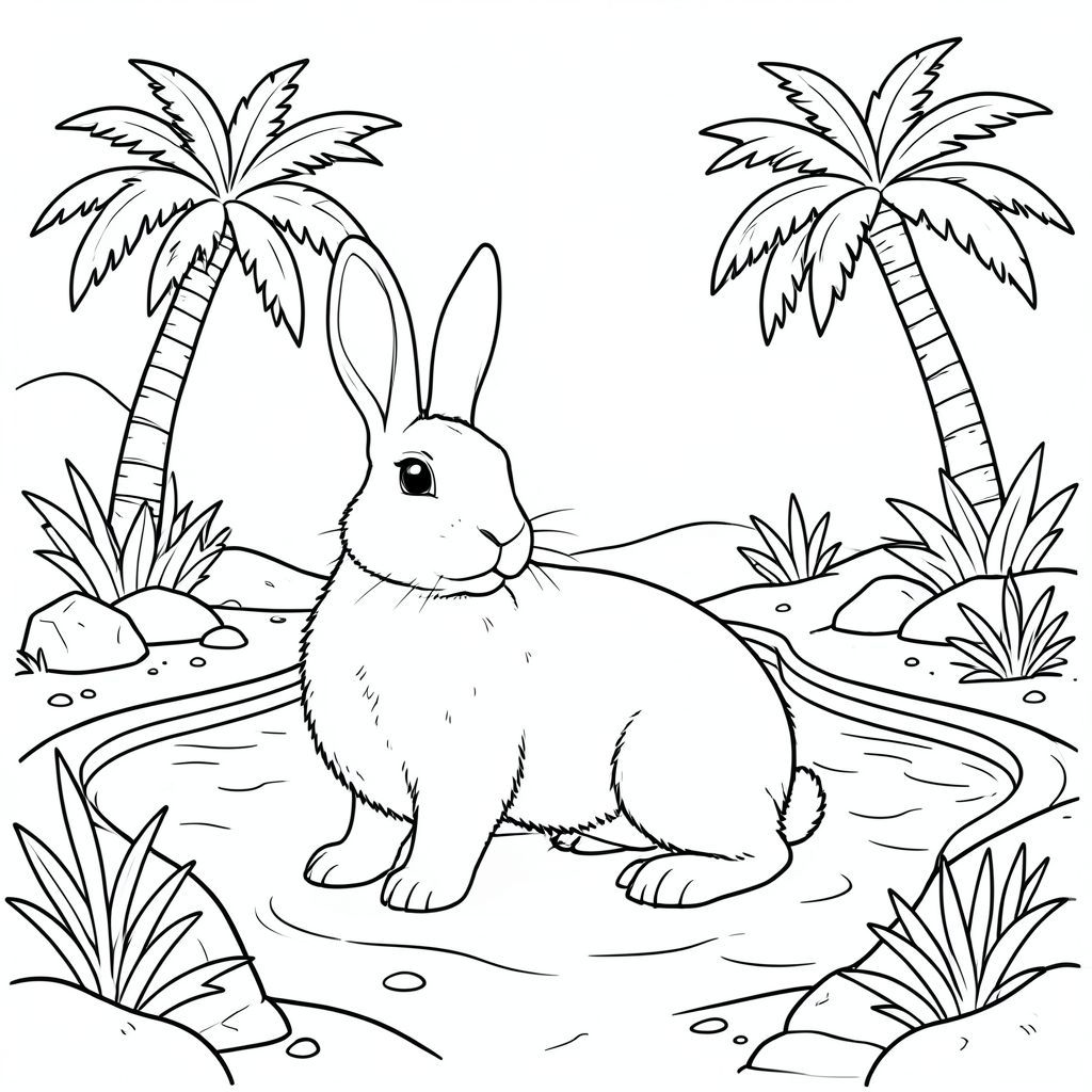 solo, chủ đề đơn, bốn chân, một đầu, một đuôi, chính xác về mặt giải phẫu, thỏ, sa mạc, ốc đảo, hồ bơi, cây cọ, ánh sáng mặt trời, nước trong, cát, đá, thảm thực vật, gió nhẹ, trang màu, nghệ thuật đường nét, nền trắng, solo, chủ đề đơn, đúng giải phẫu, giải phẫu hoàn hảo