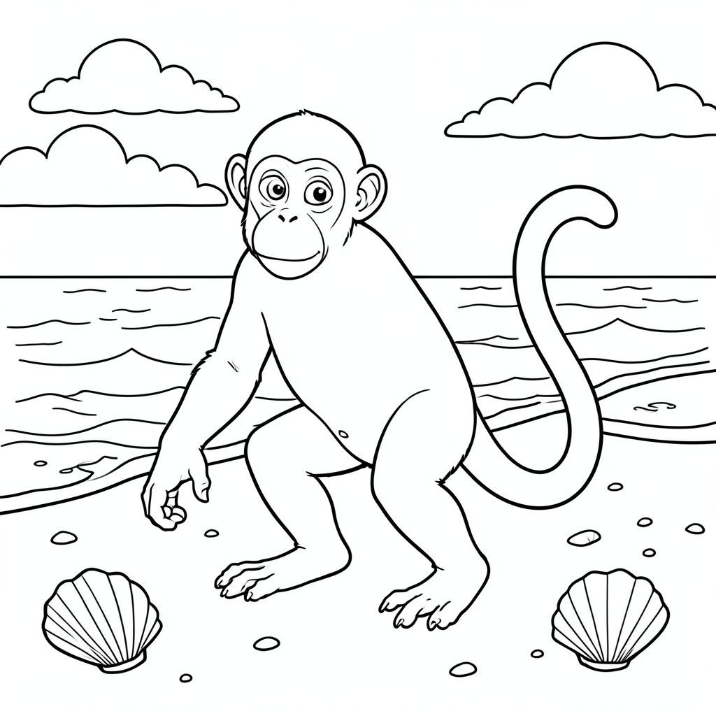 solo, Linh trưởng đơn, hai cánh tay, hai chân, một đuôi, đúng giải phẫu, khỉ, Bãi biển cát, sóng, vỏ sò, cát, ánh sáng mặt trời, nước trong, bầu trời, đám mây, đường chân trời, bờ biển, trang màu, nghệ thuật đường nét, nền trắng, solo, chủ đề đơn, chính xác về mặt giải phẫu, giải phẫu hoàn hảo