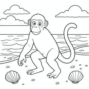 solo, Linh trưởng đơn, hai cánh tay, hai chân, một đuôi, đúng giải phẫu, khỉ, Bãi biển cát, sóng, vỏ sò, cát, ánh sáng mặt trời, nước trong, bầu trời, đám mây, đường chân trời, bờ biển, trang màu, nghệ thuật đường nét, nền trắng, solo, chủ đề đơn, chính xác về mặt giải phẫu, giải phẫu hoàn hảo